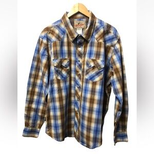 Wrangler Men's Blue and Brown Checkered Shirt